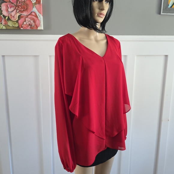 2/25$ Lily Morgan Red Ruffled Long Sleeve Lined Blouse, size L - Picture 4 of 14
